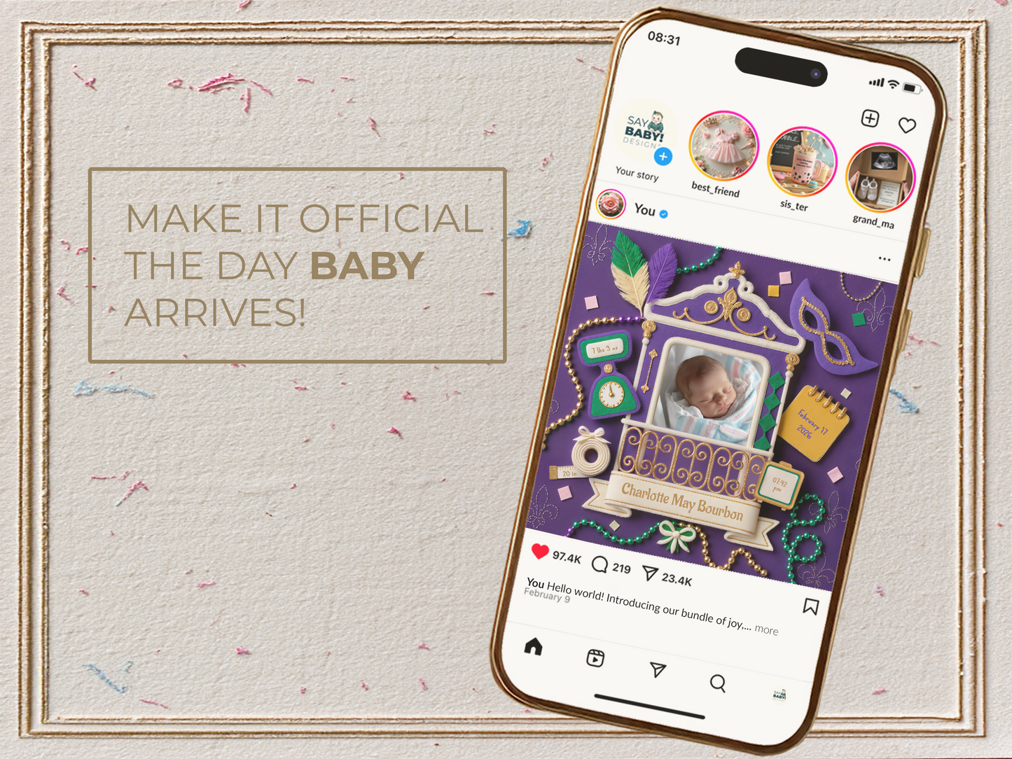 Mardi Gras Baby Girl Birth Announcement