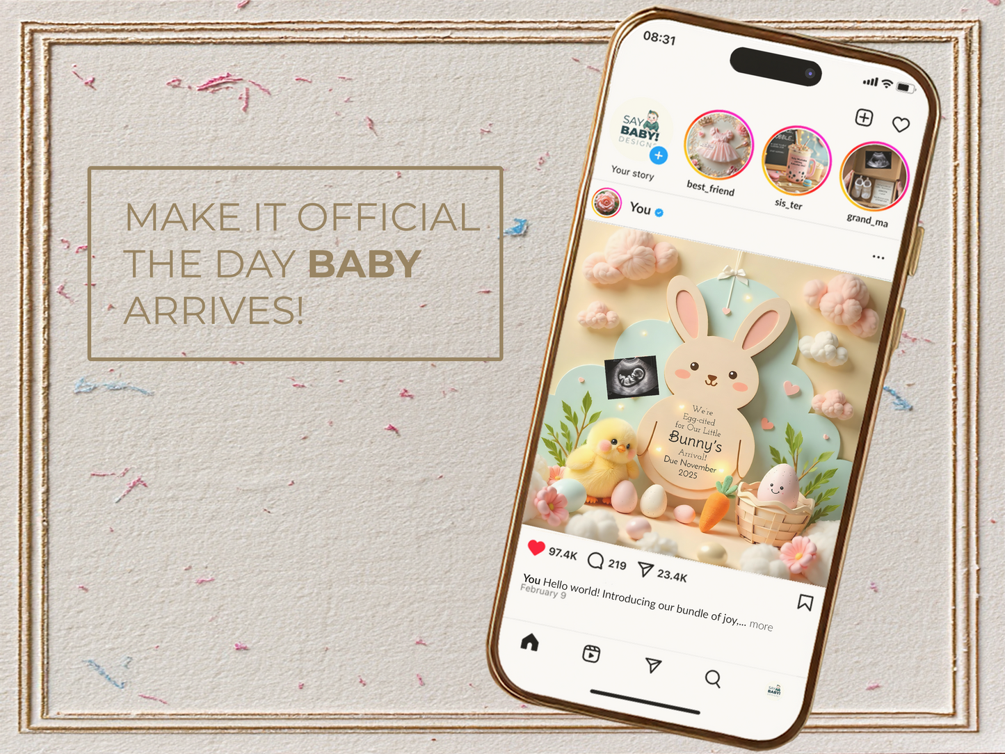 Kawaii Spring Bunny Pregnancy Announcement