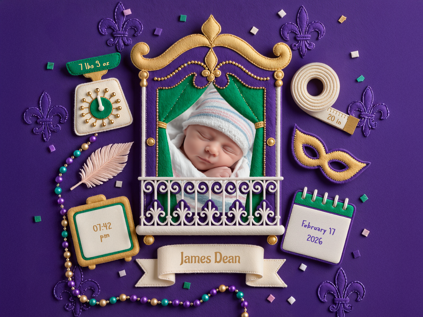 Mardi Gras Baby Boy Birth Announcement