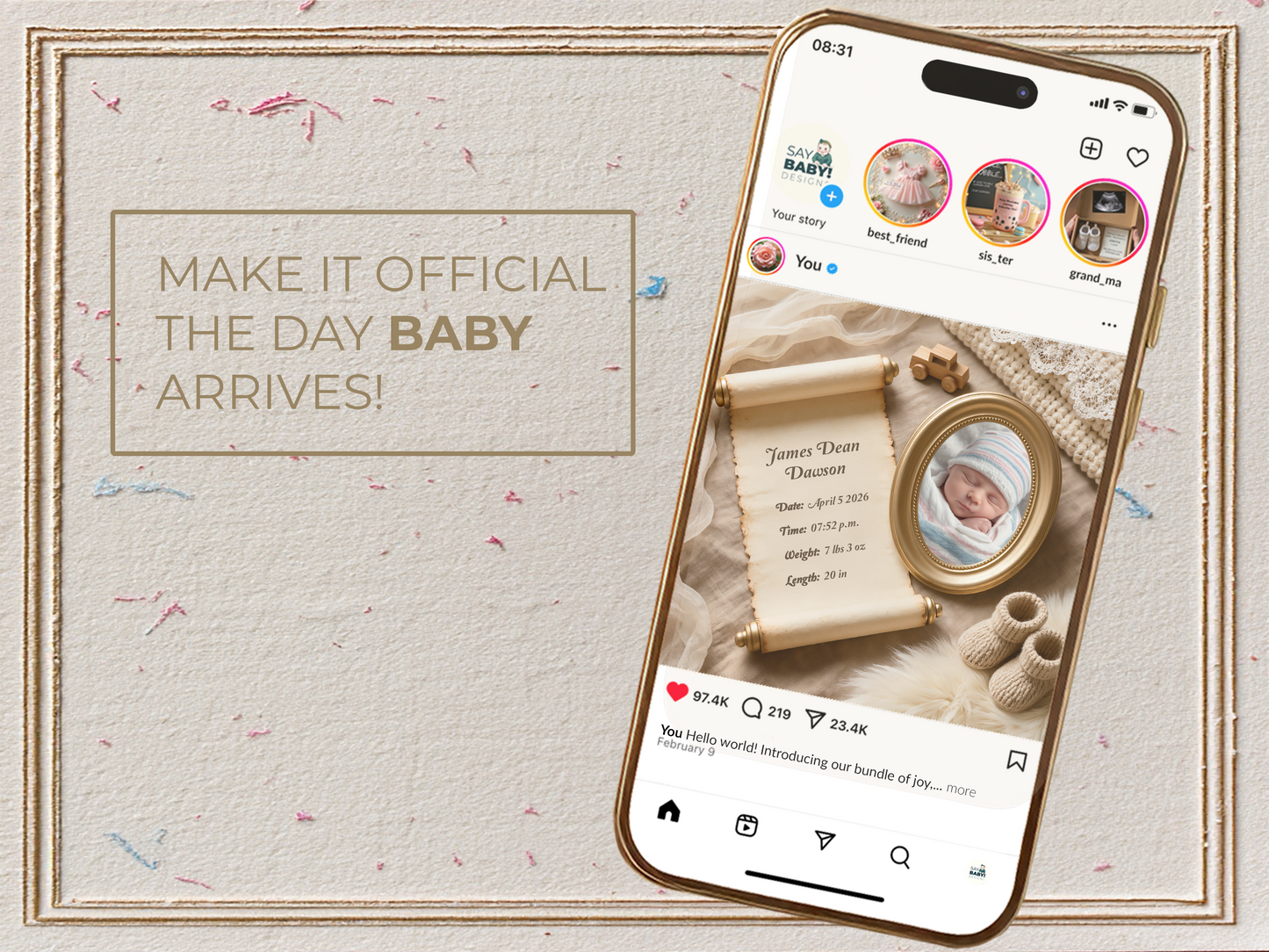 Beige Baby Birth Announcement