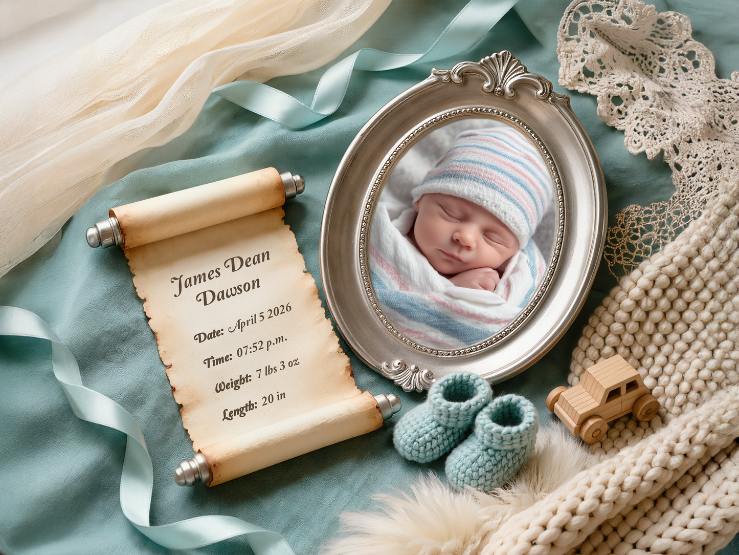 Powder Teal Baby Birth Announcement