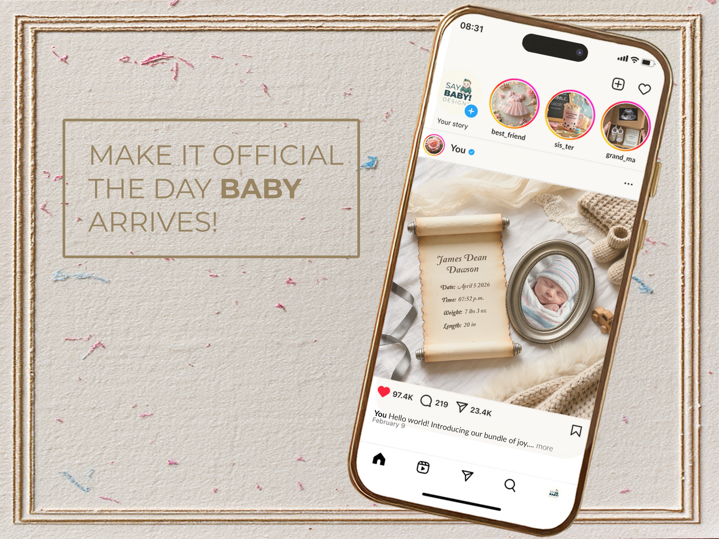 Vintage Gray Baby Birth Announcement